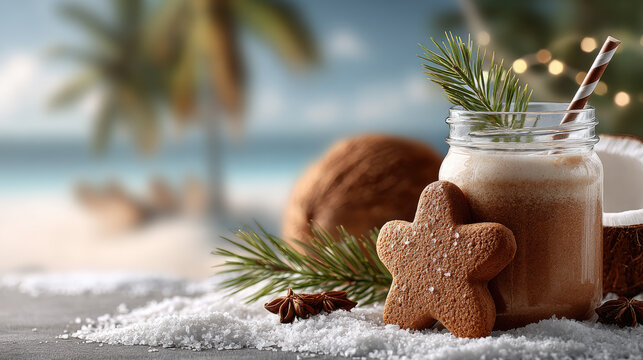 Gingerbread star cookie and tropical drink celebrating christmas holidays on a sandy beach, blending winter and summer vacation themes with festive decorations