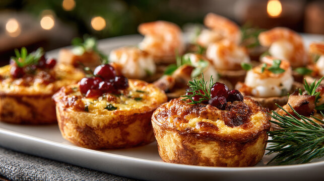 Gourmet small bites featuring shrimp, mushrooms, cranberries, and spinach served on toasted bread rounds, creating a delicious and elegant offering for holiday celebrations and christmas parties