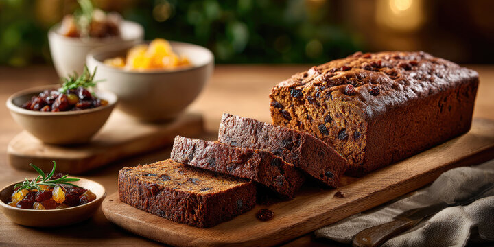 Barbados great cake, a rich dark fruit cake loaf with dried fruits and spices, sliced on a wooden board, preparing for a festive holiday season celebration