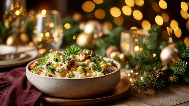 Traditional barbadian jug jug dish in a rustic bowl, served on a festive christmas table setting with glowing candles, pine branches, and golden ornaments, symbolizing holiday warmth and celebration