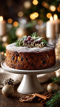 Christmas fruit cake presenting festive holiday dessert with traditional decor, glowing candles, and warm bokeh background creating a cozy atmosphere