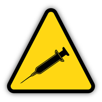 Syringe icon on yellow warning sign to indicate risk of drug needles. Transparent background.