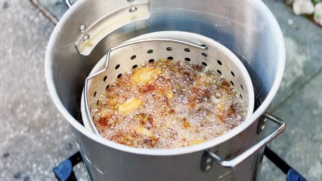 Chicken Wings Fry In Bubbling Outdoor Deep Fryer