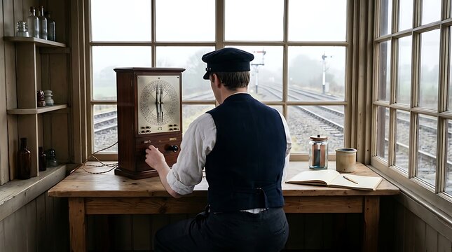 Man in vintage uniform operates vintage telegraph machine in railway signal box.