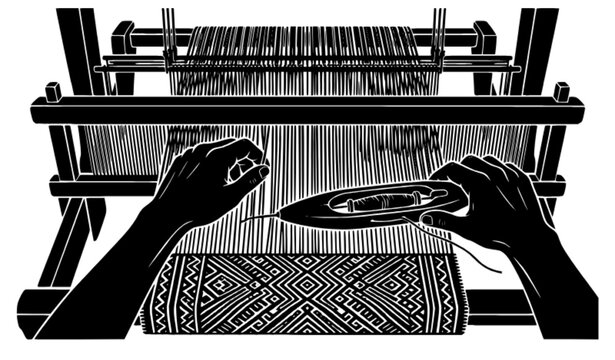 Weaving hands with shuttle and threads closeup silhouette vector graphic for textile arts