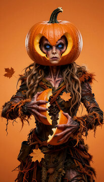 Fantasy creature with pumpkin head holding a broken pumpkin