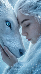 Obraz premium Freckled girl with white hair leaning against white dragon snout. Fantasy storytelling concept of bond between human and mythical creature in winter setting.