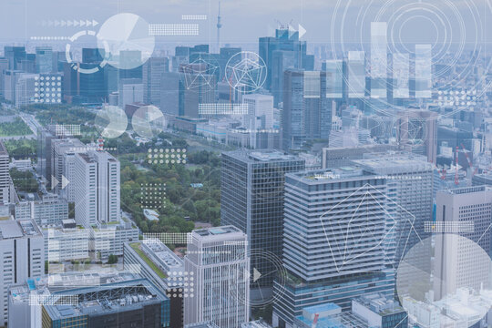 都市と世論のビッグデータ分析イメージ　世論調査　データサイエンス　社会インフラ　DX