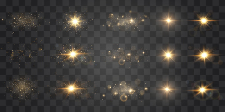 Set of golden light effects with sparkles and lens flare. Glowing sunburst, glitter dust, and bokeh particles on transparent background.
