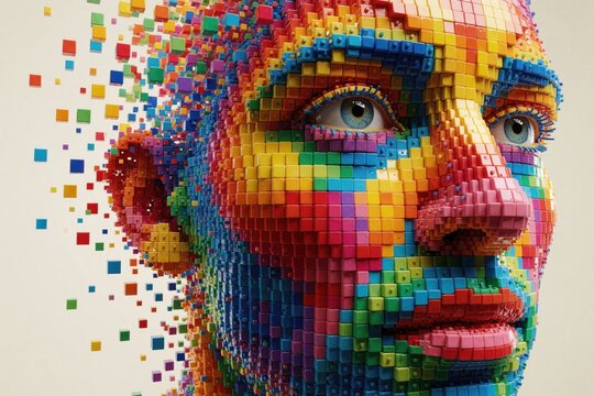 Abstract digital art shows human face made of colorful pixel blocks. Vibrant rainbow colors form profile with detailed eyes, lips. Creative mosaic design uses small 3D cubes to create modern tech