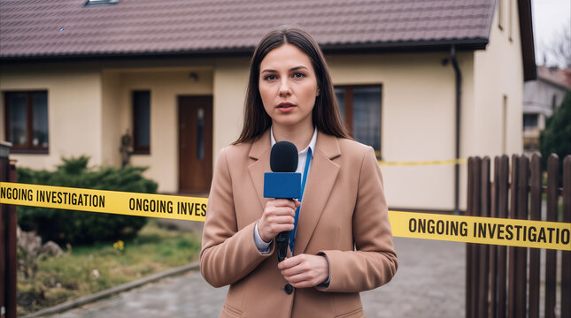 News reporter broadcasting live from crime scene. Journalist holding microphone in front of house cordoned off with yellow ongoing investigation tape.