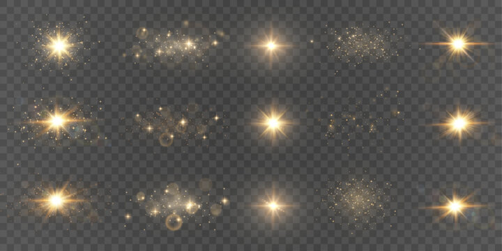 Golden light effects and lens flares isolated on transparent background. Sparkle stars and glowing burst collection for visual design