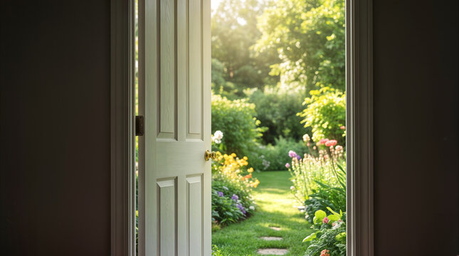 Open door leading to lush backyard garden with blooming flowers. Sunny morning view from dark interior toward bright outdoor landscape.