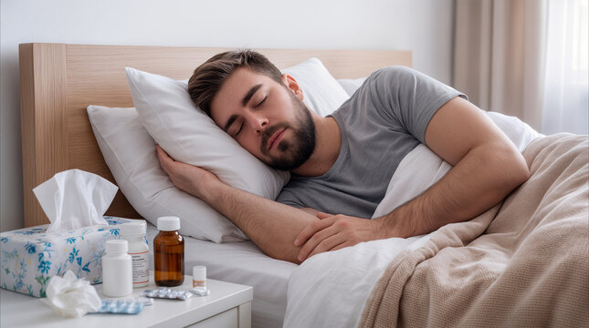 Sick man sleeping in bed with medicine on nightstand. Ill person resting at home during recovery from flu or cold.