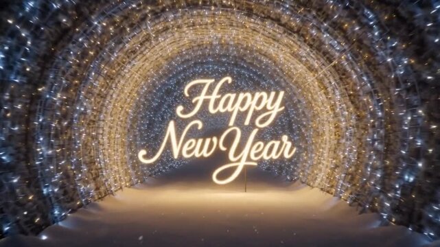New Year Winter lights and snowflakes swirl around a glowing logo in a dark space at night with a festive atmosphere