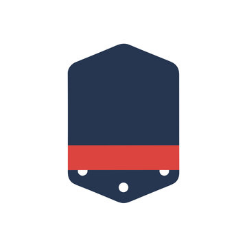 Dark blue and red shield shape with white dots