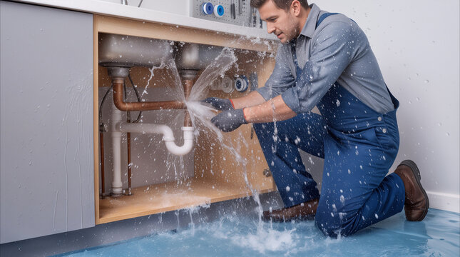 Plumber repairing leaking pipe under kitchen sink. Handyman fixing water burst and flooding in residential house.