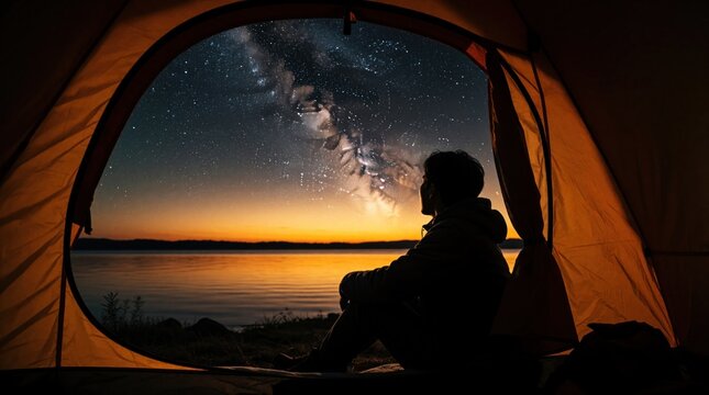 Man sits inside camping tent looking at starry night sky. Person watches milky way galaxy, orange dusk horizon over calm lake. Lone traveler enjoys peaceful solitude, astronomy, dark nature scenery