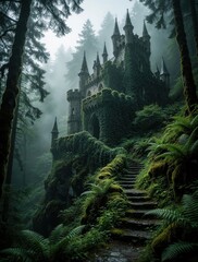 Obraz premium Ancient stone castle covered in green ivy stands in misty forest. Old ruin sits on rocky cliff surrounded by rich ferns, tall trees. Foggy landscape creates enchanted fairy tale mood near stone stpic