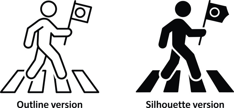 Pedestrian crossing with outline and silhouette figures holding flags on white background for concept