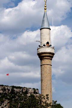Minaret of Muğla Ulu Camii, a historic mosque in Menteşe, Muğla, built in 1344 during the Menteşe Beylik and regarded as one of the city's oldest historic structures.
