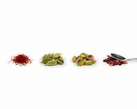 Minimalist arrangement of saffron threads, green cardamom pods, pistachios, and dried hibiscus petals with a metal spoon on white background