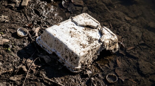 Expanded polystyrene container polluting muddy ground in nature