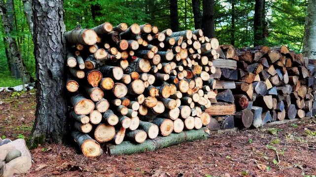 Large Stack Of Cut Firewood In Forest