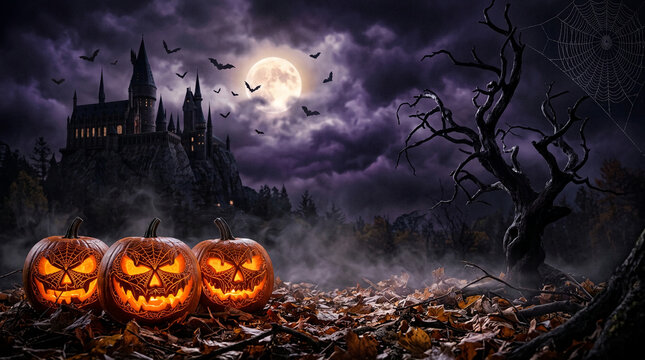 Spooky Halloween scene with carved pumpkins, a haunted castle, bats, and a full moon, symbolizing the eerie and festive spirit of the holiday.