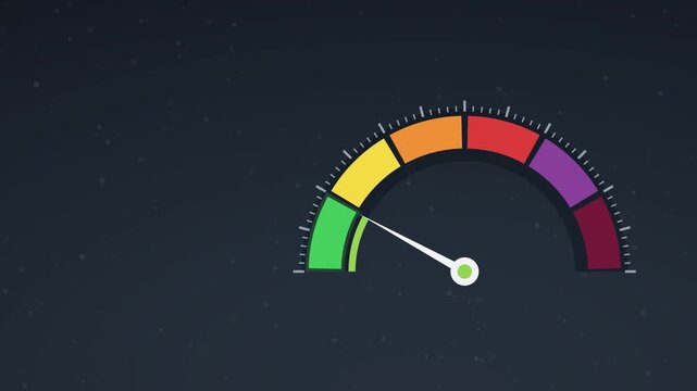 Air quality gauge needle rising from green to purple, 4K animation