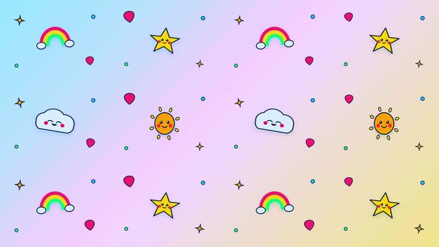 Cute kids pattern with smiling sun clouds stars and rainbow seamless loop