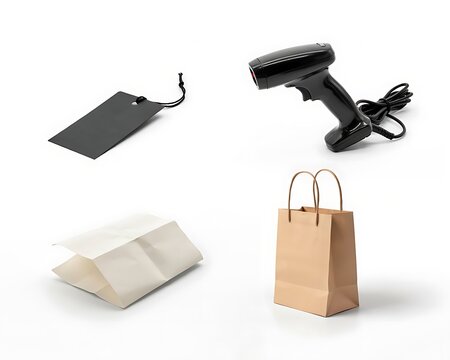 Retail store equipment assortment featuring black barcode scanner, blank tags, and kraft paper gift bags isolated on white background