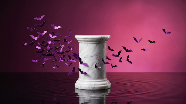 A white marble pedestal is surrounded by fluttering purple bats against a gradient pink background, symbolizing Halloween and mystery.