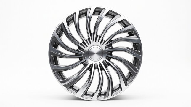 Modern Silver Car Wheel Rim, Metallic Alloy Wheel Hub, Futuristic Automotive Turbine Spoke Rim isolated PNG with Transparent Background
