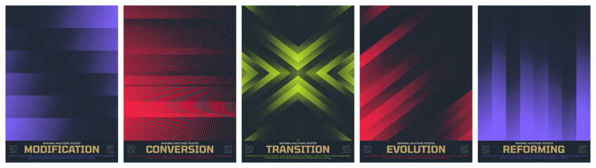 Naklejka na ściany i meble Abstract vector poster set with linear gradients and geometric distortion patterns, Brutalism kinetic halftone artwork visual transformation and dynamic motion ornament with transition effect