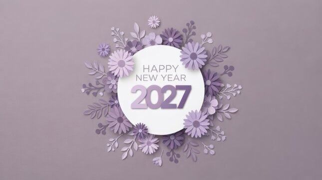 Happy New Year 2027 Greeting Card with Colorful Spring Eggs and Floral Decorations Accentuated by Festive Pastels
