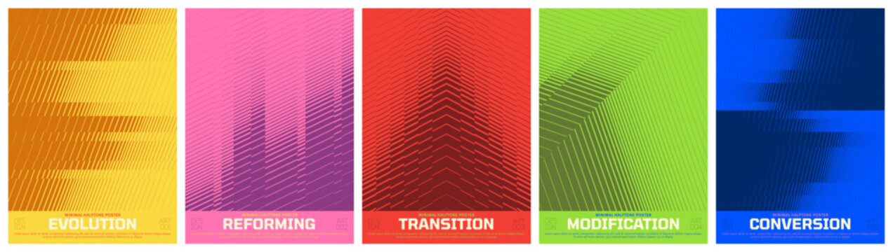 Abstract vector poster set with linear gradients and geometric distortion patterns, Brutalism kinetic halftone artwork visual transformation and dynamic motion ornament with transition effect kit 2