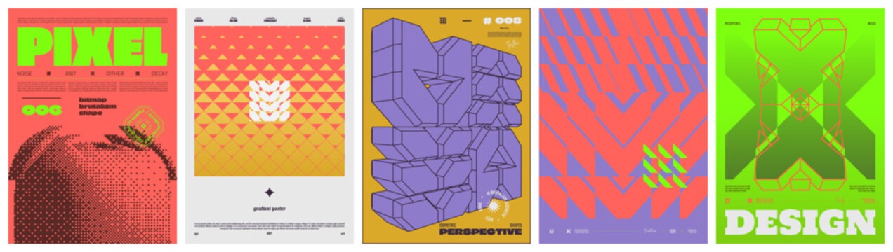 Artwork in minimalism and brutalism style, Set modernism art colorful trendy posters, abstract geometric A4 rave postmodern composition, vector simple shapes print graphic in Y2K aesthetics set 49