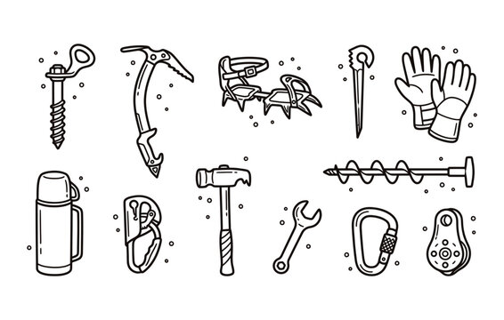 Ice climbing and winter mountaineering equipment vector doodle set featuring technical ice axe crampons ice screws locking carabiner ascender thermos and safety pulley