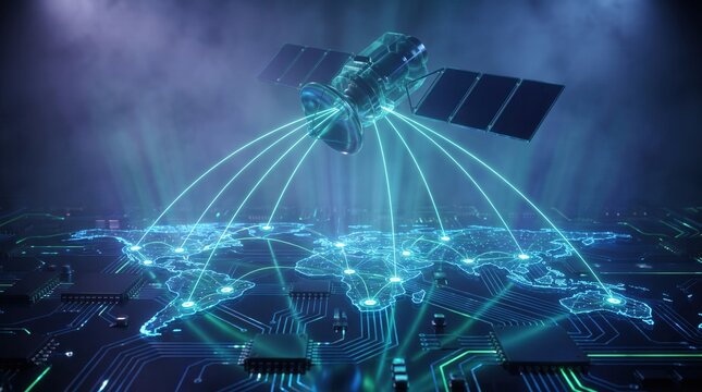Futuristic Telecommunication Satellite Broadcasting Wireless Signals to Global Map Circuit Board