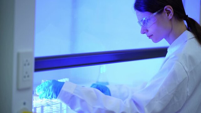 Side view of a female scientist in safety glasses arranging test tubes in a rack inside a biosafety cabinet, cold blue light and glass sash in a sterile research laboratory