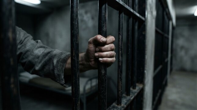 Hand grips rusted bars tightly in dim jail cell. Fingers show strain and tension against cold iron. Concrete walls echo solitude and confinement. Darkness surrounds the cell, heightening isolation