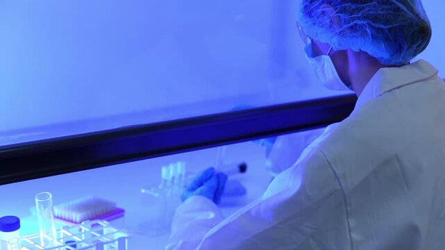 Researcher in protective mask and hair cover reaches across a blue-lit biosafety cabinet for a sample tube, close rear view of gloved hands, tube rack and pipette tip box