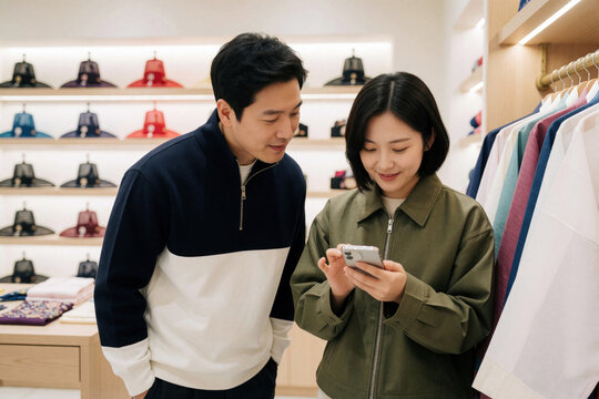 Young Korean couple visits hanbok rental shop in Seoul. Man, woman look at smartphone screen together to pick traditional clothes. Asian lovers use mobile phone for research choosing outfits in