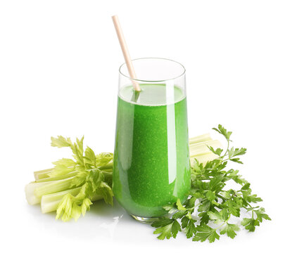 Fresh celery juice in glass and ingredients isolated on white