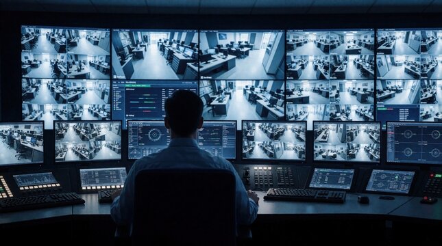 Pro technician works in dark control room with many digital screens. Male operator monitors security camera feeds, data on large monitor wall. Expert manages complex surveillance system, network