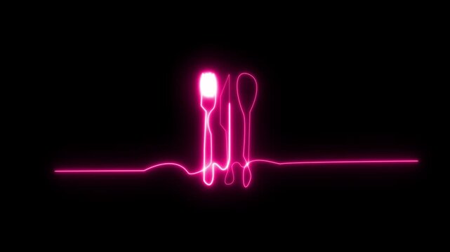 Pink Neon Cutlery Line Animation with Fork Knife and Spoon for Restaurant Menu, Food Delivery, Kitchen Cooking, Dining Sign, Culinary Motion Graphics, and Black Background Overlay