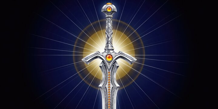 Ornate silver sword with glowing amber gemstones centered against a dark blue sunburst background