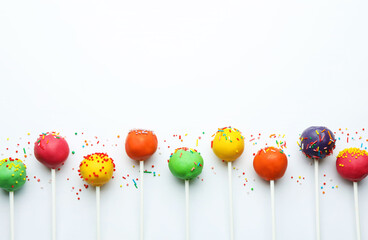 Fototapeta premium Colorful cake pops with sprinkles on white background, flat lay. Space for text