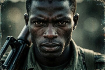 Obraz premium Close up portrait of serious Nigerian soldier wearing camouflage uniform. African man holds rifle on shoulder with intense look. Vintage style military photography shows veteran warrior in army duty.